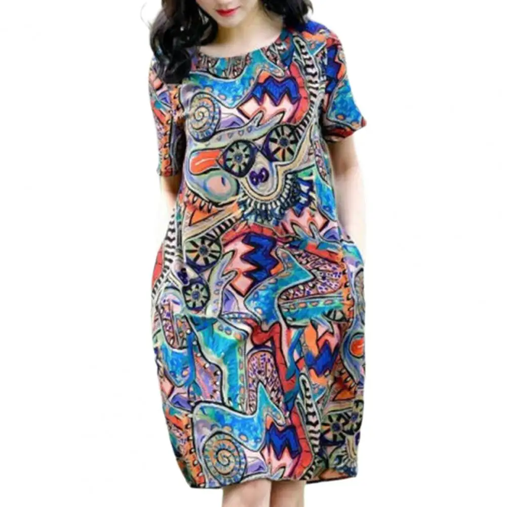 

O Neck Midi Dress Graffiti Printed Dress Colorful Graffiti Print Women's Summer Dress with Side Pockets O Neck Short for Daily