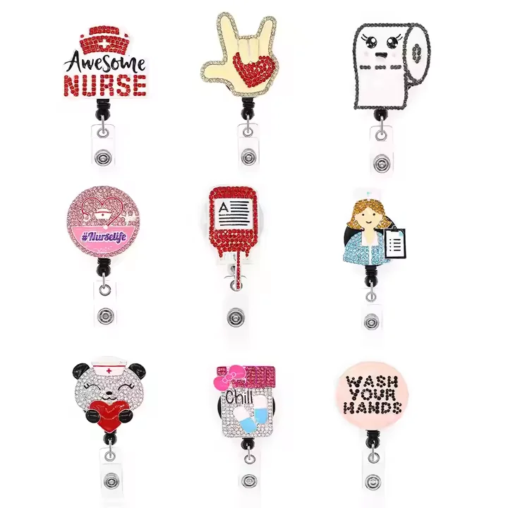 New Design Mixed Styles Rhinestone ID Card Badge Holder Retractable Nurse Accessories Badge Reel With Clip