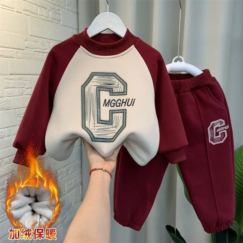 

Boys Sweater Suit 2024 New Fleece-lined Children's Autumn and Winter Clothes Thickened Clothes Baby Cool Handsome Sports lothing