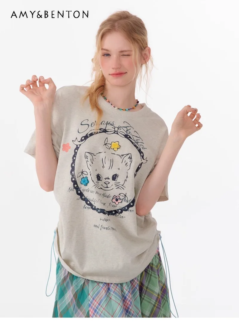 

2025 Summer New American Style Slim Fit Drawstring Tops Design Sense Round Neck Cat Print Gray Women's Short Sleeve T-Shirt