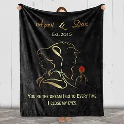 Names Beauty and Beast Blanket with Customized Couple and Reviews, Ideal for Date Birthday, Anniversary, and Valentine's Day