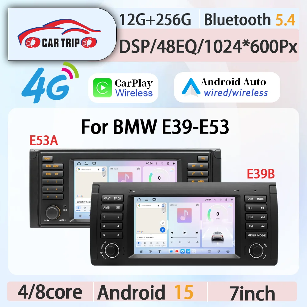 Reproductor Multimedia para Auto de 7 Pulgadas para BMW Serie 5 E39 E38 X5 E53 M5 1995-2003 BT5.4 GPS NAV WiFi6 CarPlay Android Auto DSP 48EQ-Band