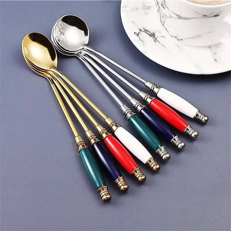 1PC Stainless Steel Coffee Spoon European Style Tempered Ceramic Handle Titanium Plated Stirring Dessert Spoon