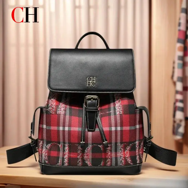 CH New Women Backpack Plaid Pattern Black Red Color Block Ladies Bag Buckle Detail Casual Daily Travel Crossbody Fashion Bag