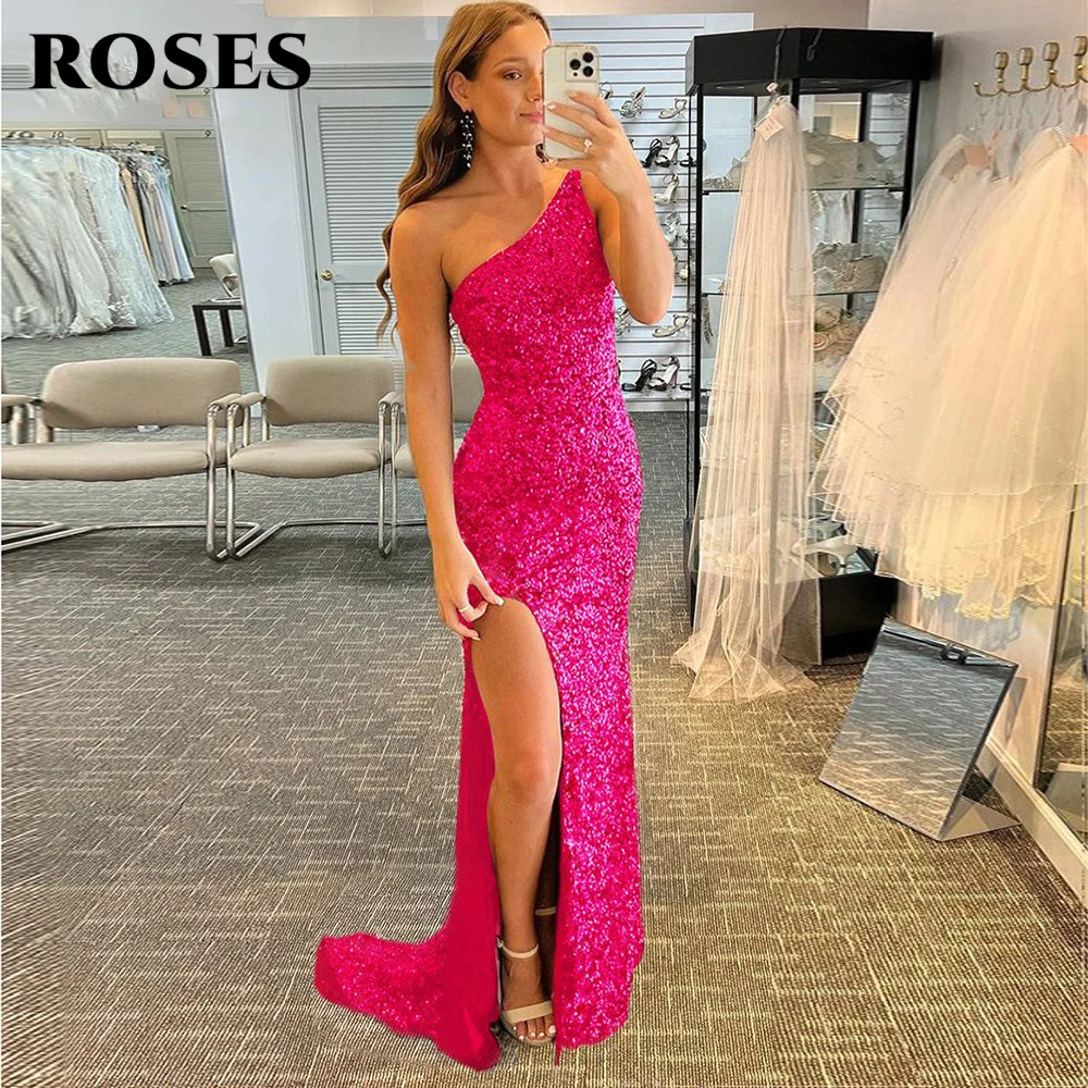 

ROSES Mermaid Glitter Prom Dress One-Shoulder Backless Sequin Party Dress Luxury Evening Dress With Side Split robes de soirée