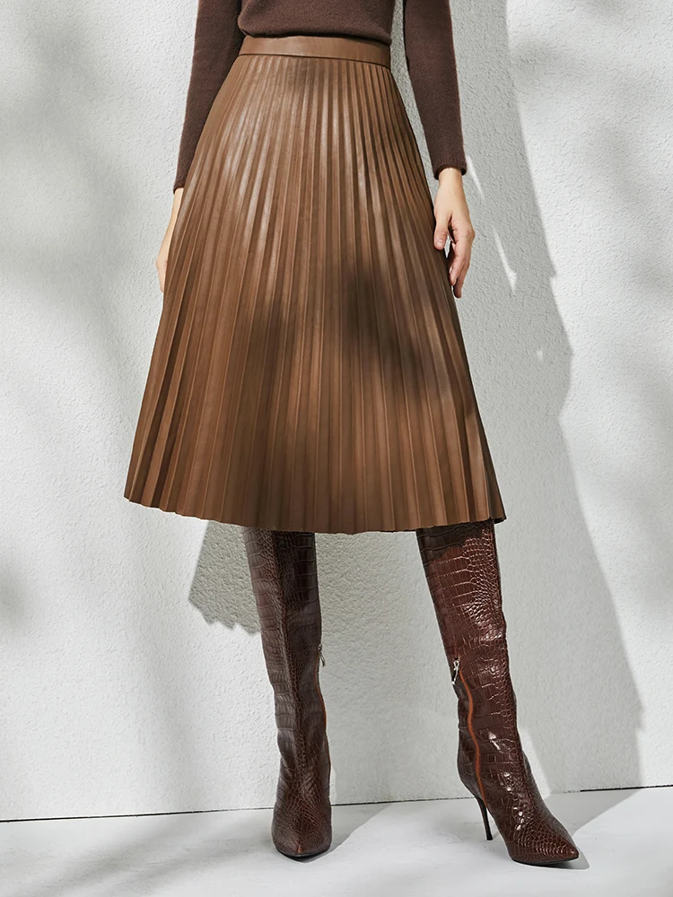 

Женская кожаная юбка-миди A-силуэта из натуральной кожи, приталенная, плиссированная, для офиса, класса люкс