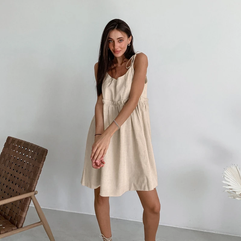 

Summer Khaki Linen Dress Women's Elegant Spaghetti Strap A-Line Maxi Fashion Sexy Ruffle Lace Up Mini Dress Vestido Midi Casual