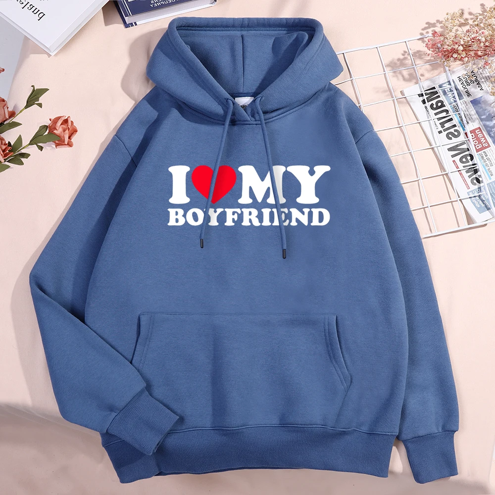 I Love My Boyfriend Print Hoodies Men Women Personality Cartoon Pullover Pocket Pullover Streetwear Pocket Fleece Couple Hoody