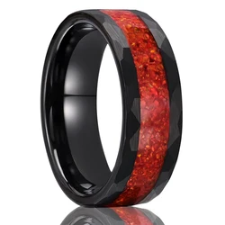 Tungsten Carbide Rings for Men and Women 8mm/6mm Hammered inlaid with Red Opal Men's Engagement Wedding bands High Polish