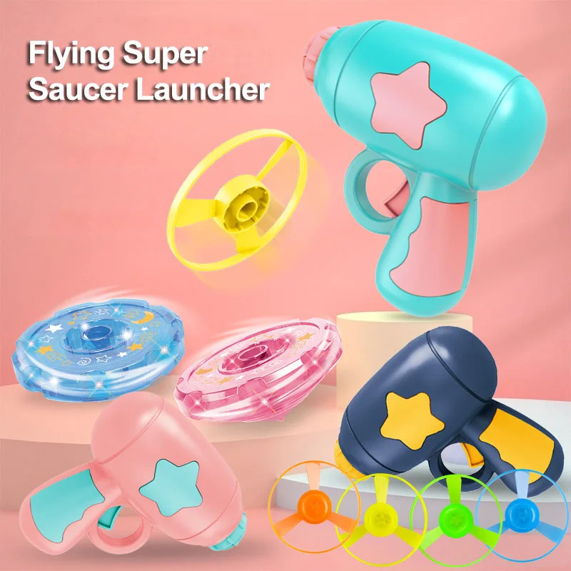 Children Saucer Launcher Pistol Outdoor Spinning Top Dinosaur Gun Toys Flying Disc Bamboo Dragonfly Ejection Luminous Gyroscope