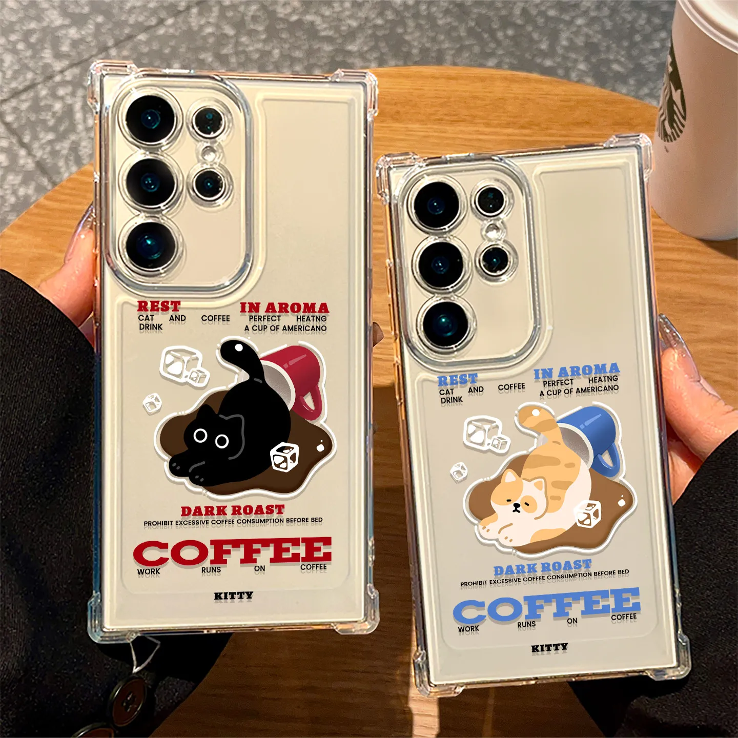 Black Ginger Cat Coffe Phone Case For Samsung Galaxy S25 S23 Plus S26 S24 Ultra A55 A17 A27 A57 A56 A37 A07 A06 Slim TPU Cover