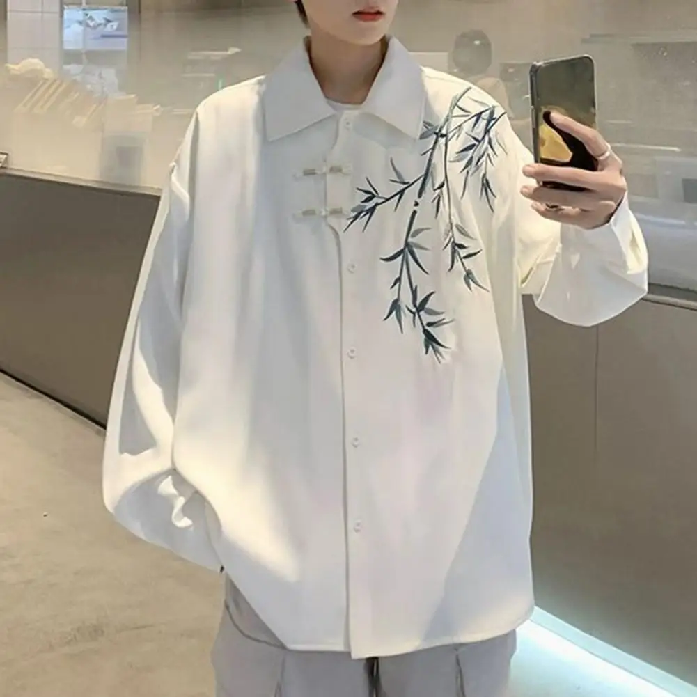 

Bamboo Embroidery Men Top Spring Men Shirt Chinese Style Bamboo Embroidery Cardigan for Men Retro Tang Suit Inspired Top Coat