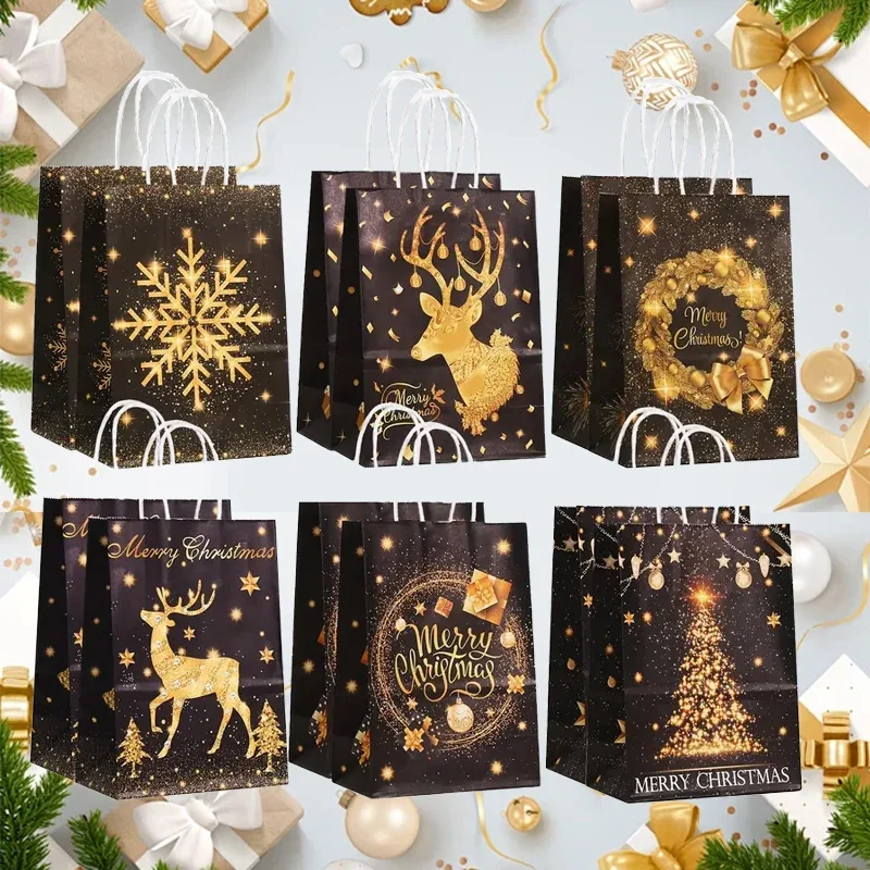 6/12Pcs Gold Black Kraft Gift Bags with Handle Elk Snowflake Christmas Tree Bronzing Paper Bag Merry Christmas Party Favors Bag