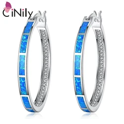 CiNily Opal Stone Hoop Earrings Silver Plated For Women Girls Party Fashion Jewelrys Gemstone Big Round Earring With Zircon 35mm