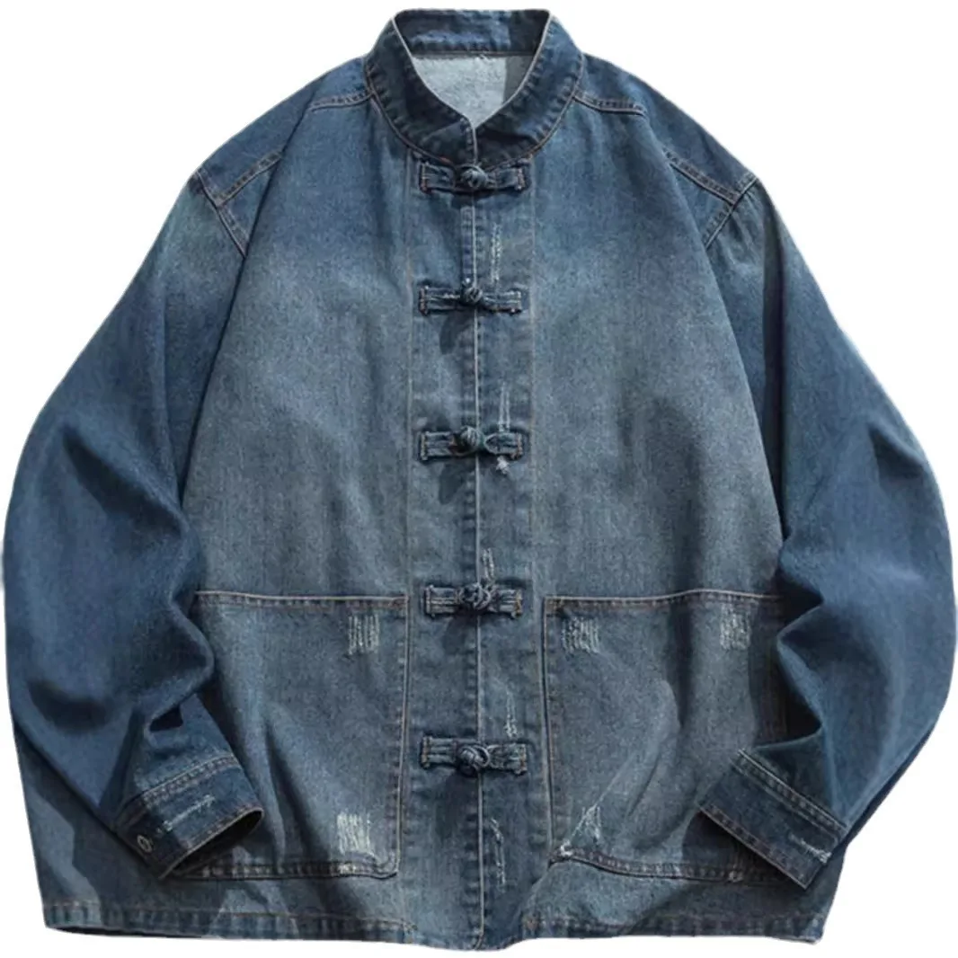 

Loose Fit Men's Denim Jaet Autumn Winter Casual Youth Chinese Sle Coat Open Front Long Sve Stand Collar Color
