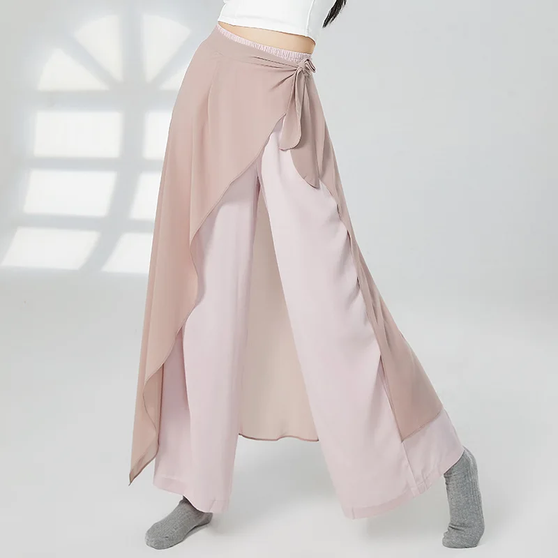Pantalones de baile falsos dos piezas de estilo chino clásico moderno ropa de práctica de danza folclórica pantalones rectos de pierna ancha de cintura alta