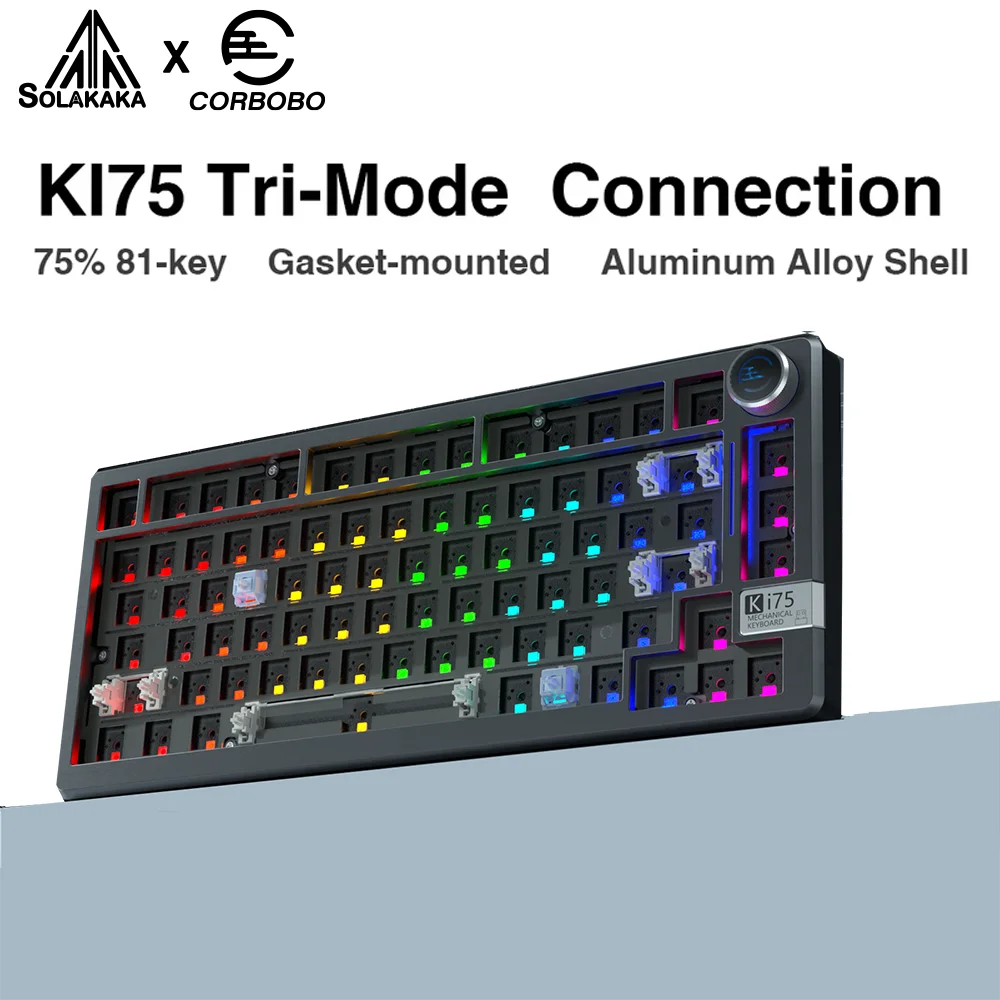 

SOLAKAKA Ki75 Tri-mode Mechanical Gaming Barebone Kit 3/5Pin Hot Swap 81 Keys RGB Gasket Mount Aluminum Case DIY Keyboard Kit