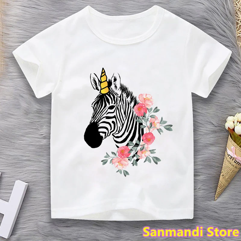 Funny Unicorn Zebra Flowers Animal Print T-Shirt Girls/Boys Children's Clothing Kawaii Kids Clothes Harajuku Shirt Summer Tops