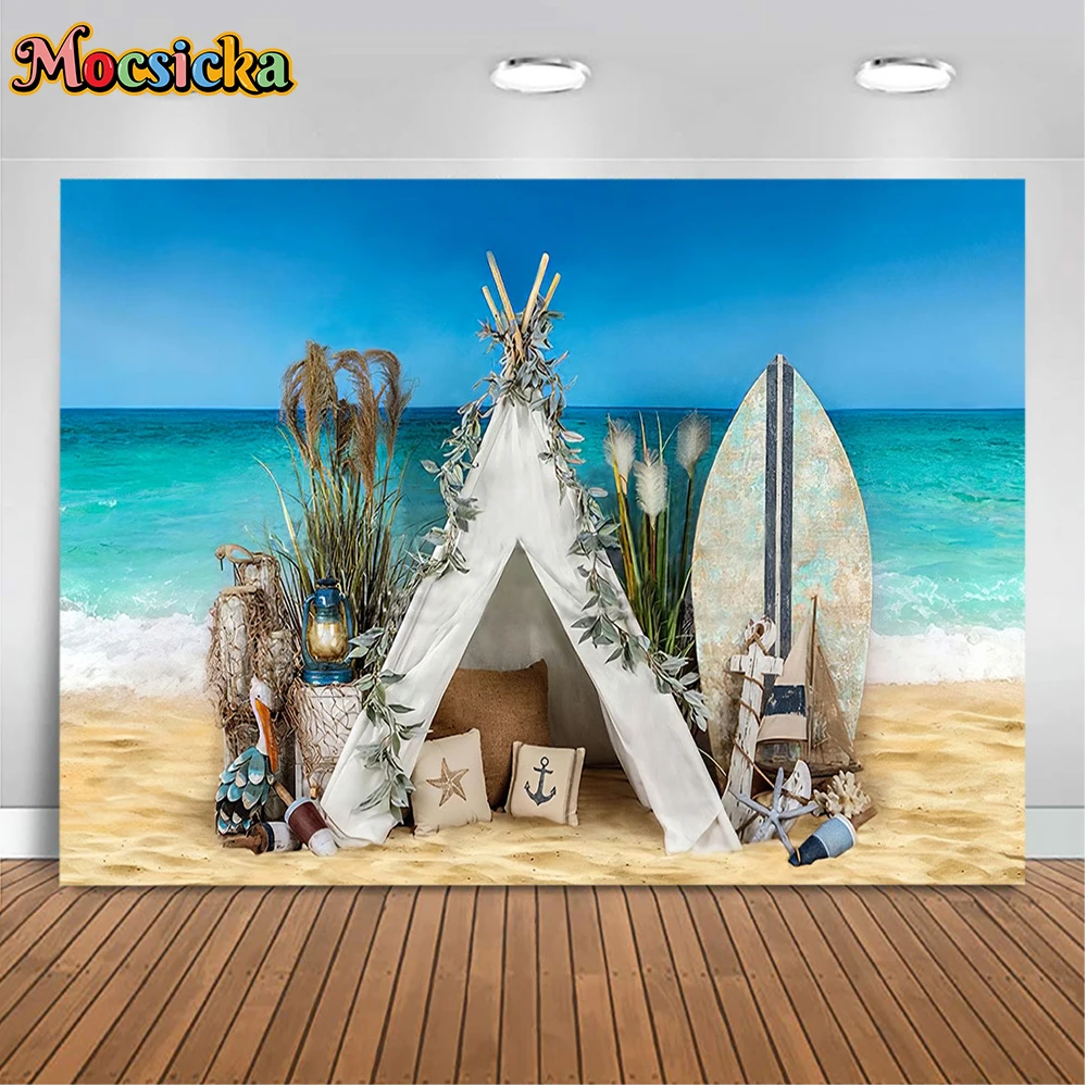 Mocsicka летний пляжный фон для фотосъемки, тропический океан, пальма, дизайн для вечеринки, декор для фотобудки, реквизит нестандартного размера