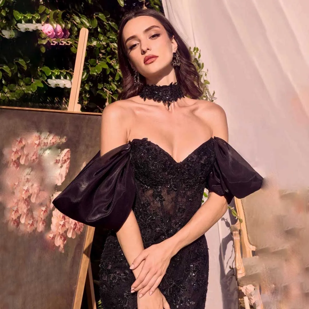 أسود قبالة الكتف حورية البحر فساتين لحضور الحفلات الموسيقية الفاخرة يزين الديكور الترتر فساتين الزفاف ضيف أنيقة فستان سهرة رسمي