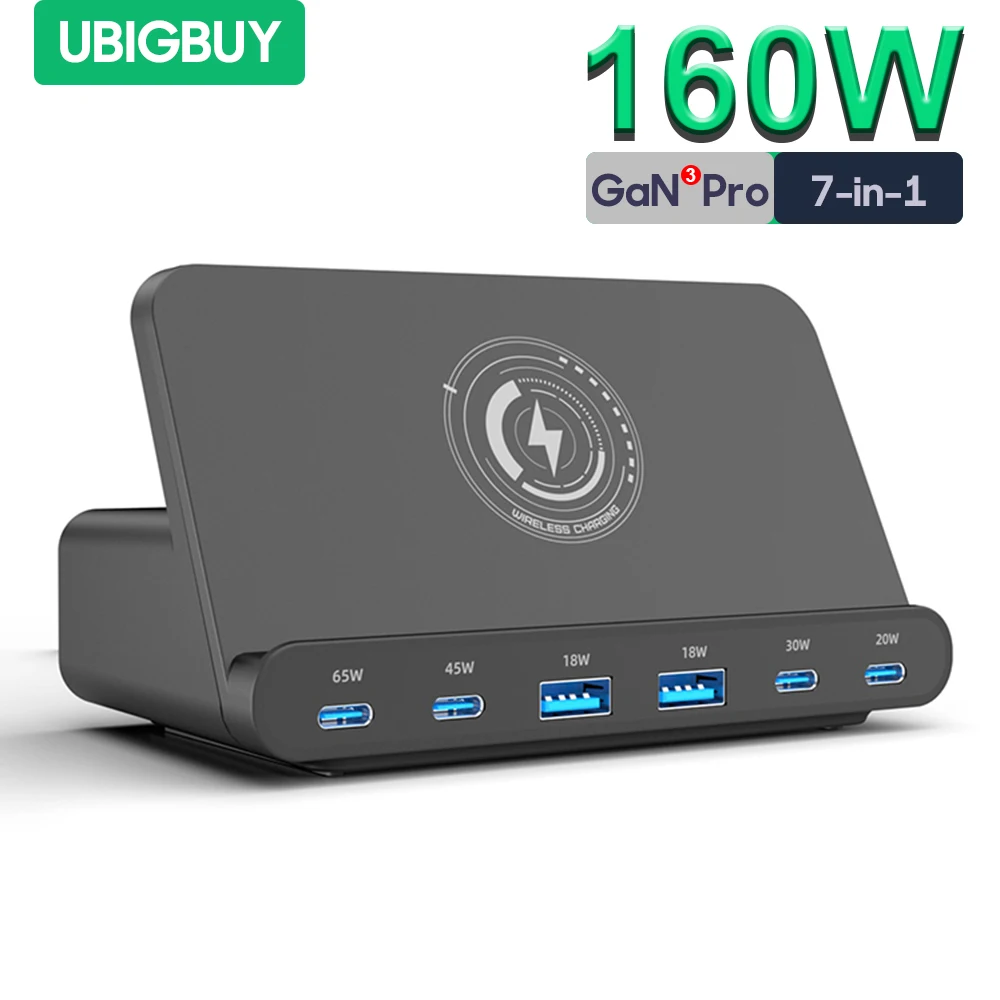 

Ubigbuy 160W Universal GaN PD 65W Fast Charger Stand USB Type C QC3.0 Wireless Charging Charger for MacBook iPhone 15 14 Samsung