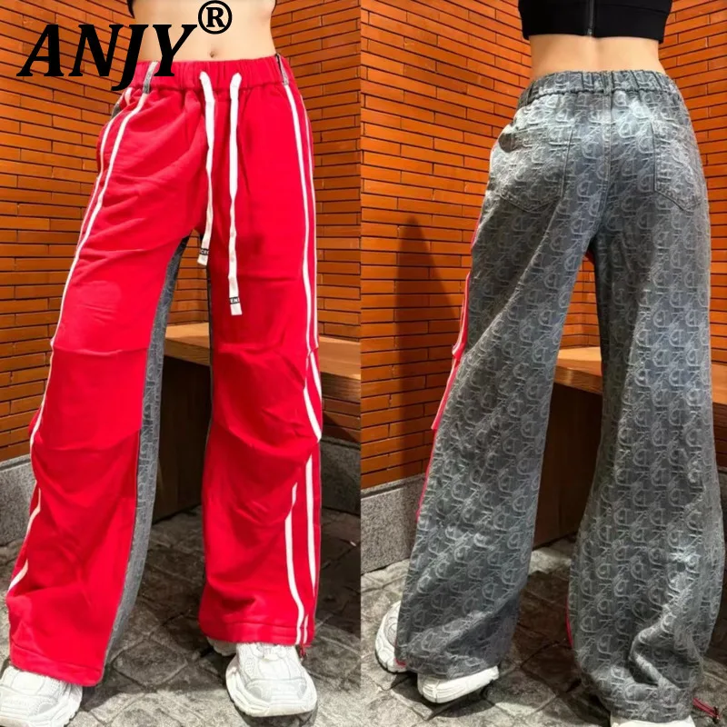 

ANJY Spring Autumn New Women European Style Contrast Color Letter Print Jeans Trendy Ins Pleated Casual Elasticated Pants A21030