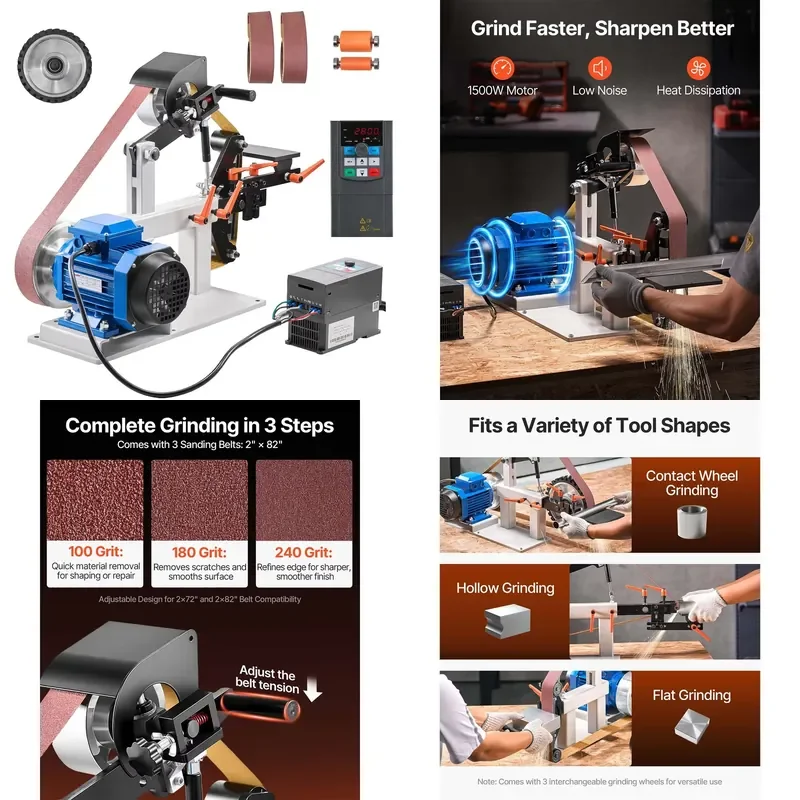 1500W 2HP Belt Sander Variable Speed 2x82 Inch Belt Grinder for Metalworking 3 in 1 Polisher and Grinder