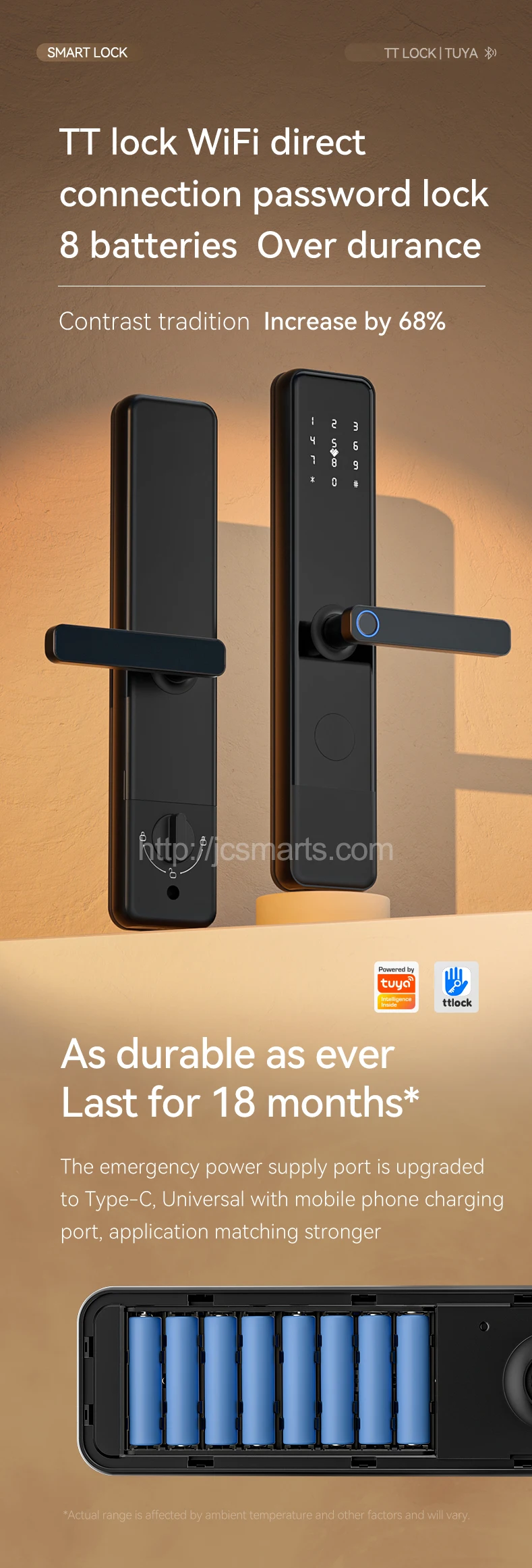 Neuankömmling Wifi Remote Ttlock App Keyless Security NFC-Karte Finger abdruck Passwort Digital Smart Locks mit 8 stücke Batterien betrieben – Detail 1