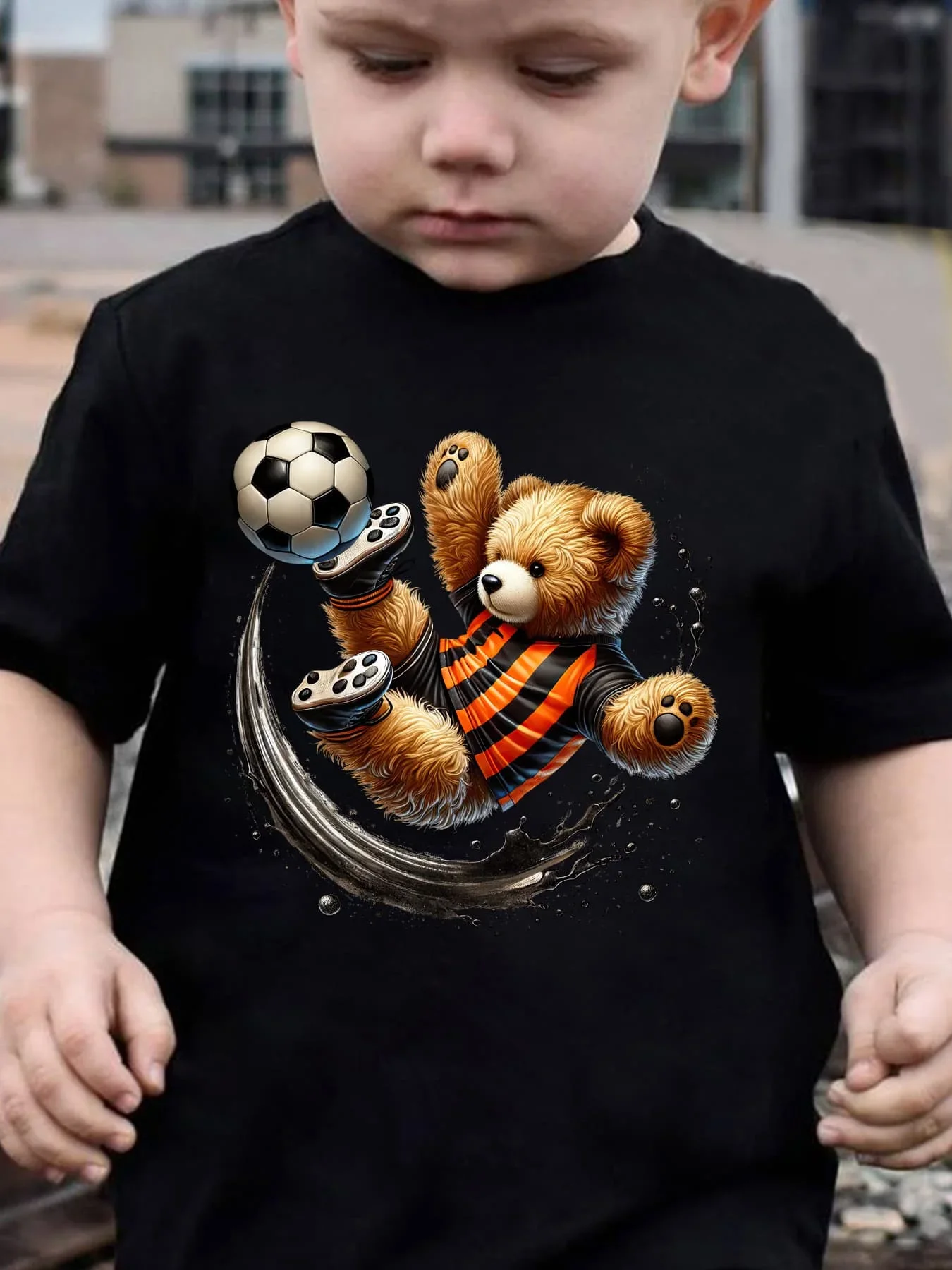 Boys Cool Soccer Playing Teddy Bear Splash Effect Graphic Short Sleeve T Shirt Sports Trendy Kids Casual Summer Tee