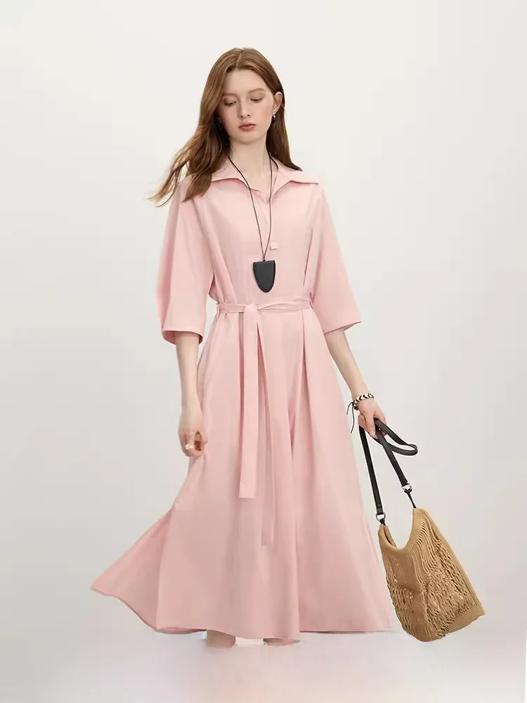 

Новое летнее женское свободное платье-рубашка А-силуэта из хлопка с завышенной талией, рукавом 3/4 и поясом, элегантное повседневное платье-рубашка для офиса