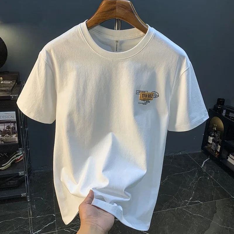 White T-shirt Men Summer High Street Printing T-shirt Light Luxury Pure Cotton Round Neck Comfortable All-match Short T-shirt