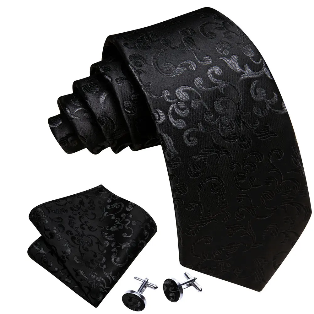 Formal Tie For Men 2023 High Quality Black Floral Silk Pocket Square Cufflinks Necktie Sets Business Party Designer Barry.Wang