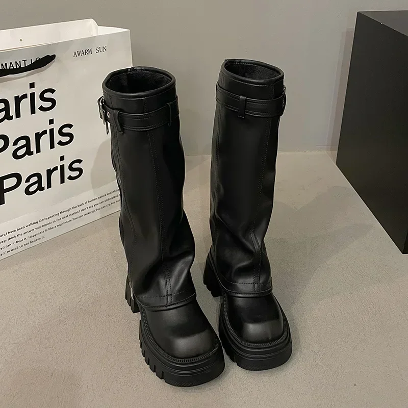 Winter Women Biker Boots Fashion Belt Buckle Ladies Elegant Platform Long Pipe Booties Casual Women's Knee High Booties image 3