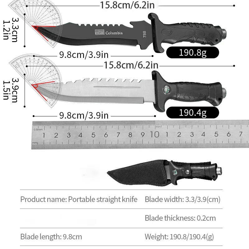 1PC Outdoor Survival Knife with Compass, High Hardness Tactical Knife, Self-Defense Knife, Stainless Steel Cutting Knife