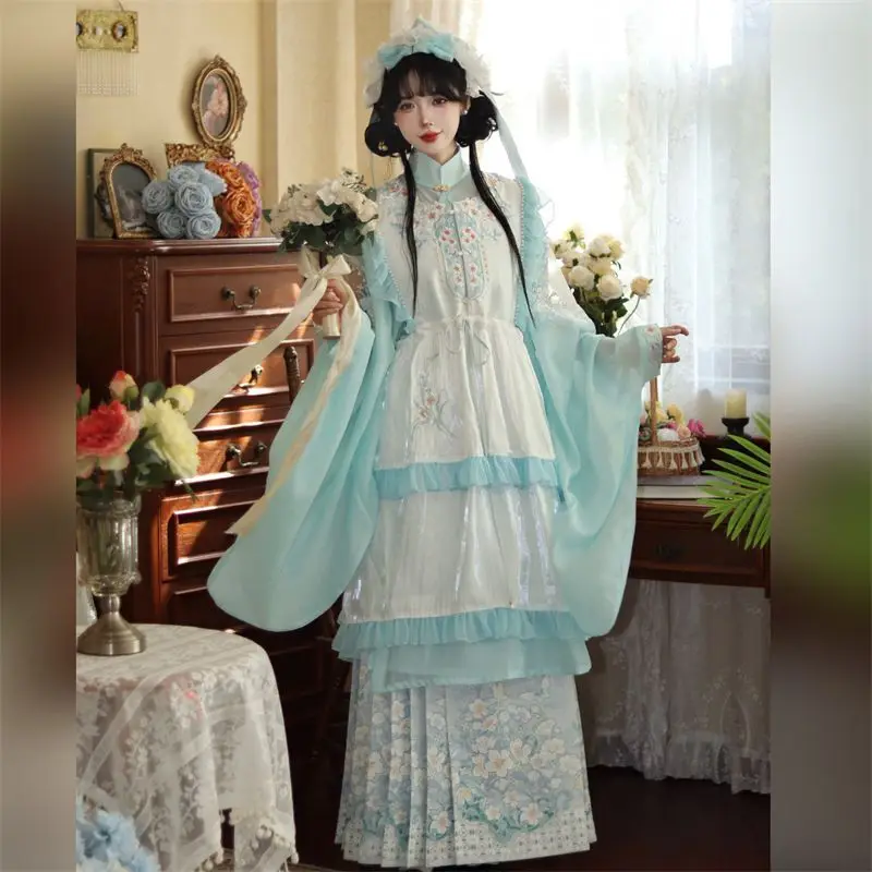 The Bloof-Vêtements Hanfu Modernes, Haut Long, Jupe Visage de Cheval, Surjupe Lolita, Violet, Bleu, Ensemble Mignon, Tempérament Élégant