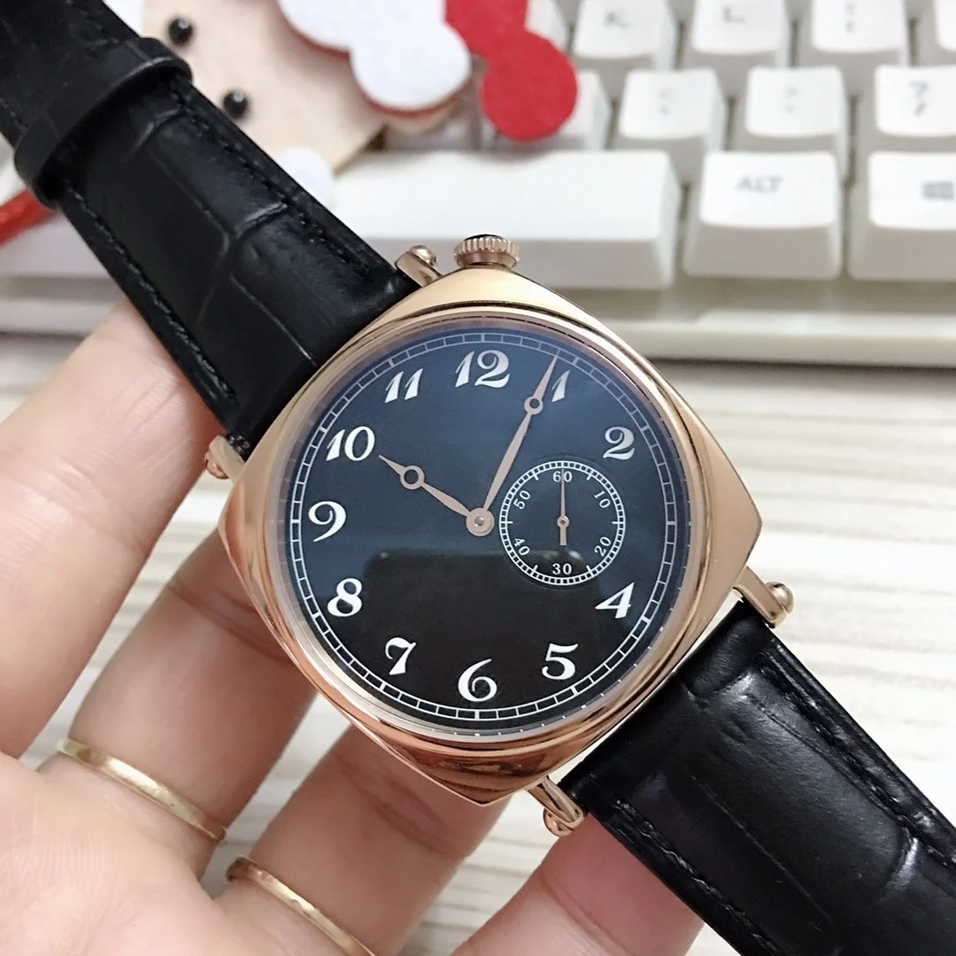 Montre mécanique manuelle vintage avec petit second et sous-cadran, 5 variantes de couleurs, bracelet en cuir véritable, montre-bracelet rétro pour homme