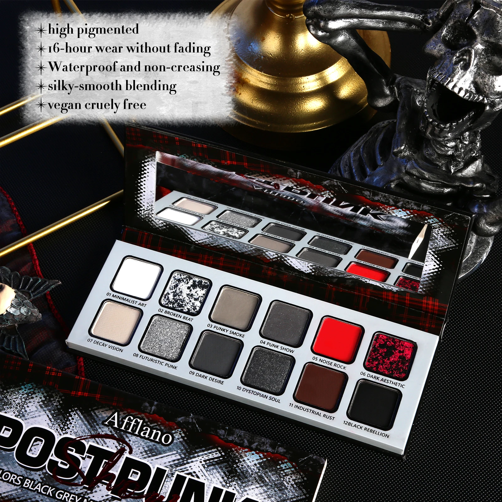 Palette di ombretti neri grigi Goth Makeup, tavolozza di ombretti Grunge Smokey Eye altamente pigmentata, argento glitter cromato sfumabile