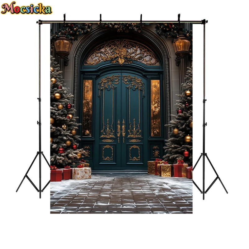 Mocsicka Christmas Arch Wooden Door Photography Background Xmas Tree Wreath Decor Kids Adult Portrait Photo Backdrop Studio