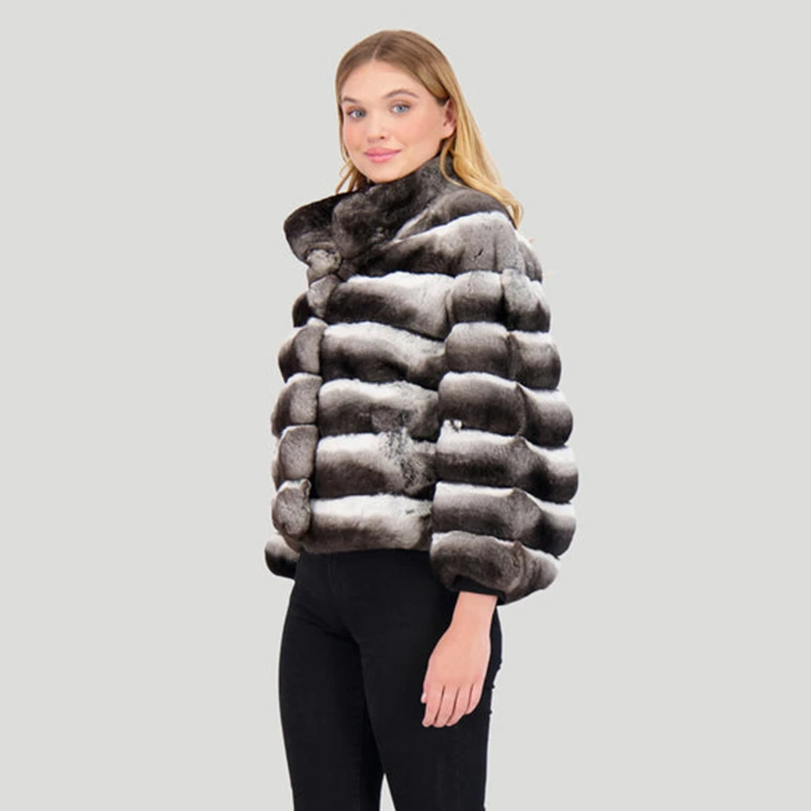 Chaqueta de piel de conejo Rex Natural para mujer, abrigos de piel auténtica de color Chinchilla, chaquetas cortas de cuello alto, novedad de 2024