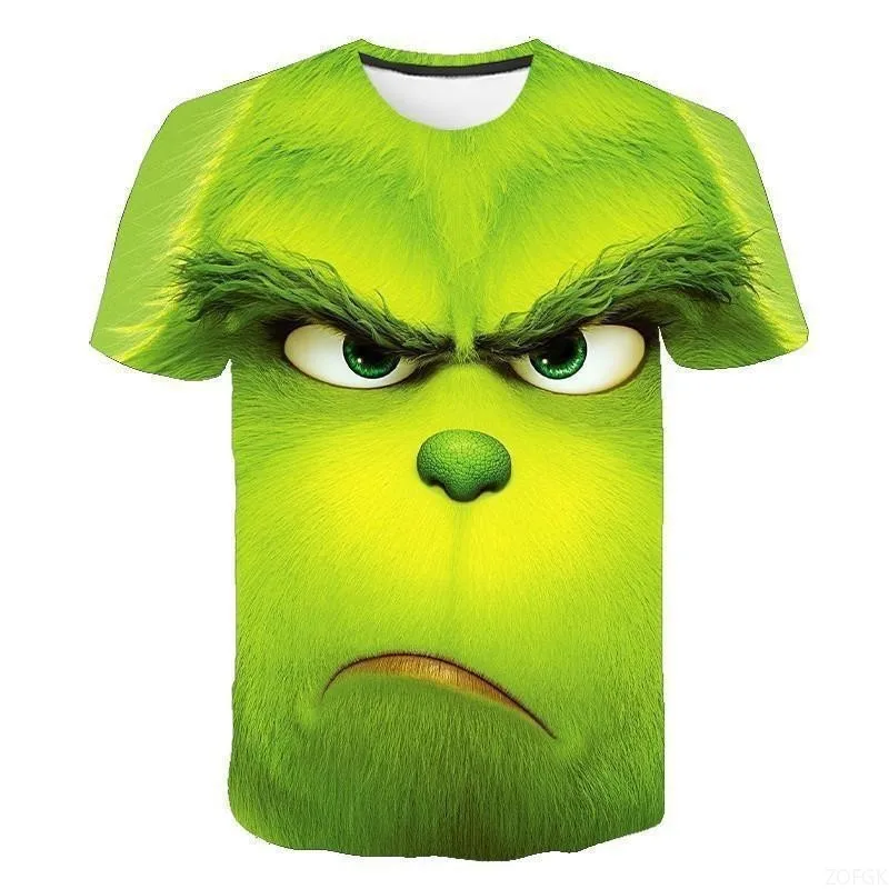 Cross Border Nuovo 2025 Natale Cartoon Pelliccia Verde Mostro 3D Stampato T-shirt da uomo a maniche corte Natale Grinch