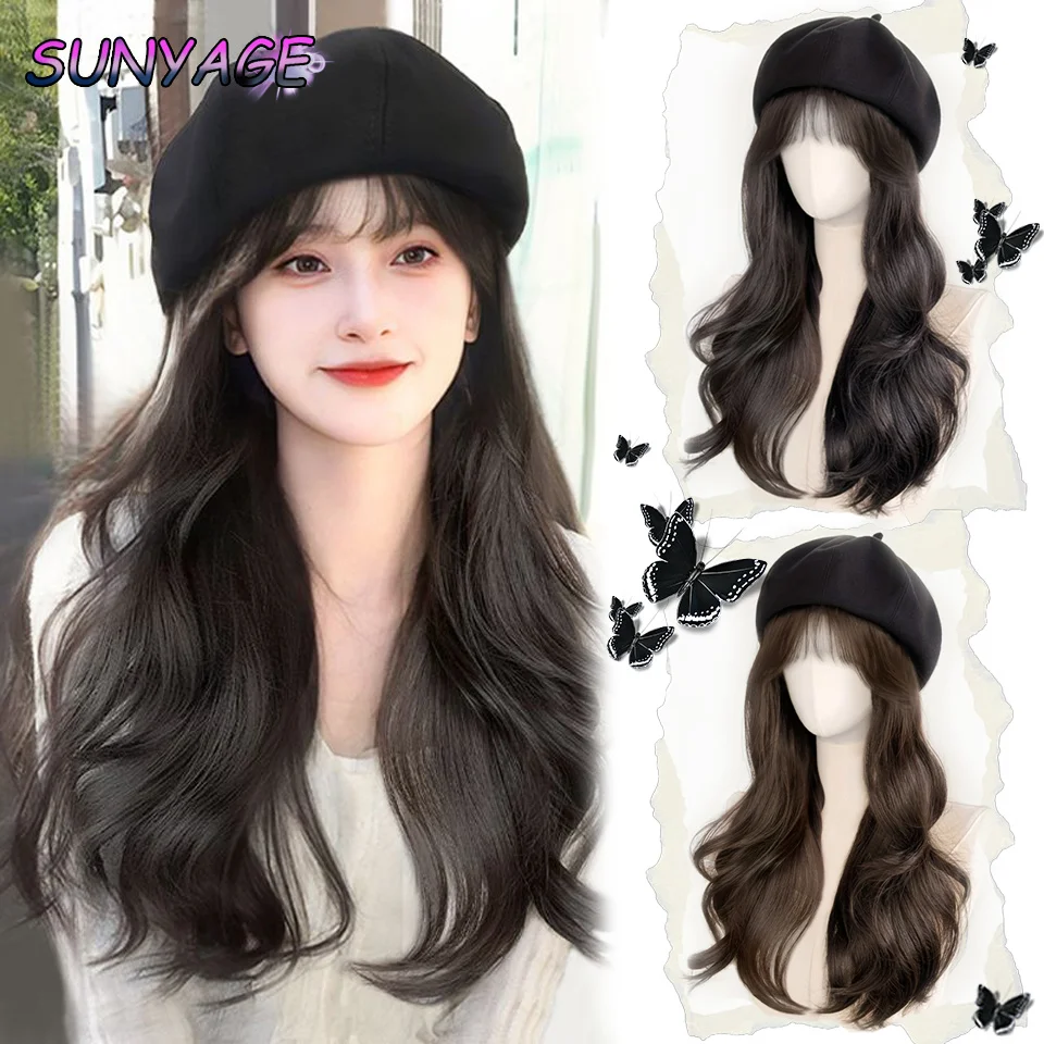 SUNYAGE Long Curly Hair With Black Woolen Beret With Bangs Synthetic Fashion Lazy Long Curly Hair Beret Wig Naturally Fluffy