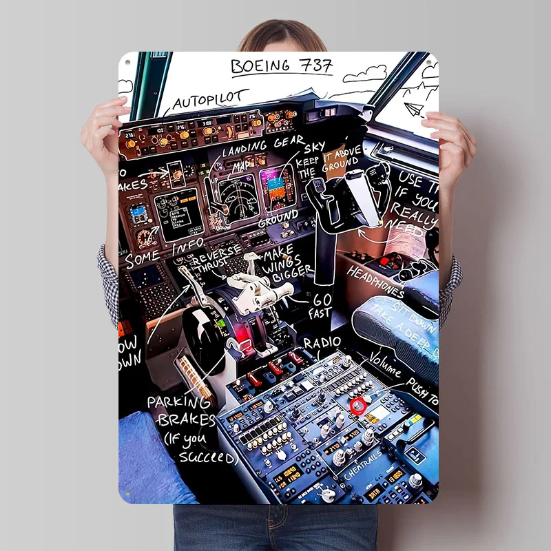 قمرة القيادة بوينغ 737 تين تسجيل الجدار ملصق فني الديكور ديكورات غرفة نوم خمر علامات معدنية الرجعية للديكور المنزل