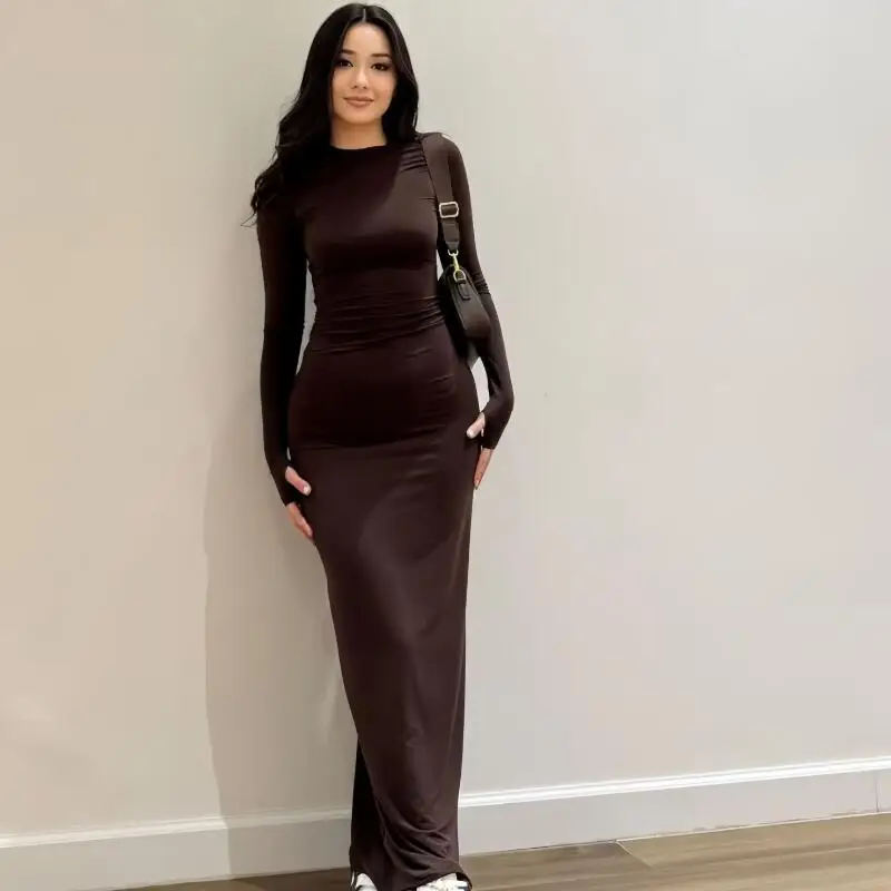 

European and American round neck long sleeved dress for women in spring and summer, slim fit, hip hugging, slimming long skirt