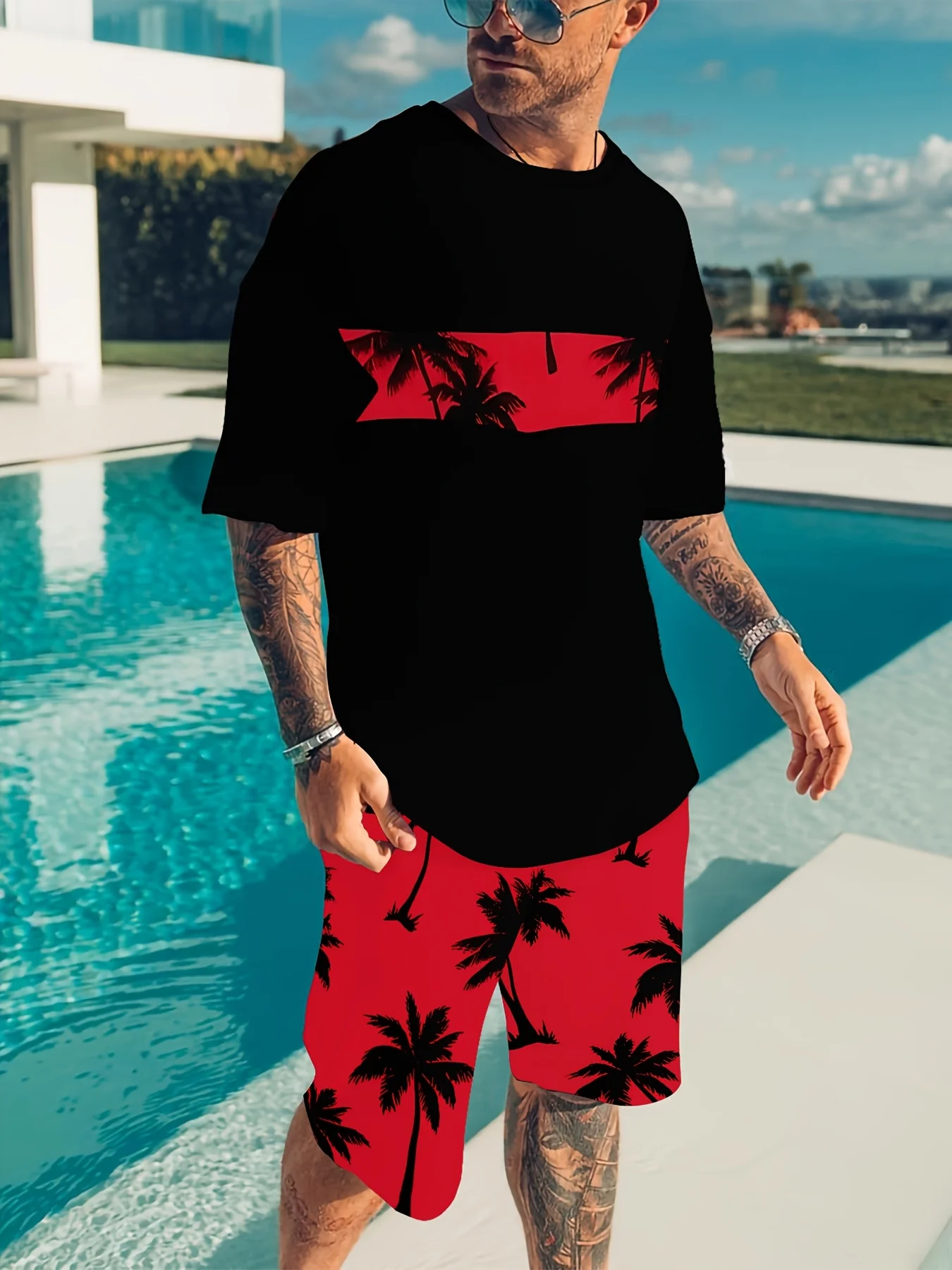 

Crew Neck Short Sleeve T-Shirt and Shorts Set, Black and Red Tropical Design, Lightweight Polyester Blend, Machine Washable