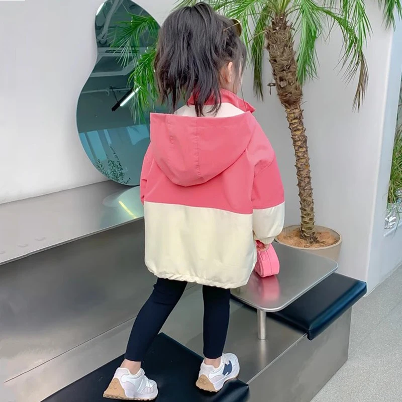 1-12 سنة الفتيات Colorblocking خندق معاطف الربيع موضة جاكت مزود بغطاء للرأس الخريف الأطفال ملابس جديدة عادية سستة ملابس خارجية #2
