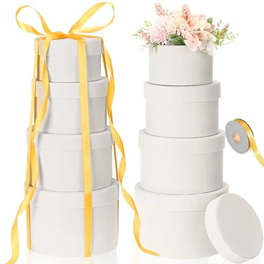 

Набор из 8 круглых подарочных коробок с крышками и лентами для композиций, 4 разных размера, бархатные вложенные коробки для цветов, подарков, подарков на День матери