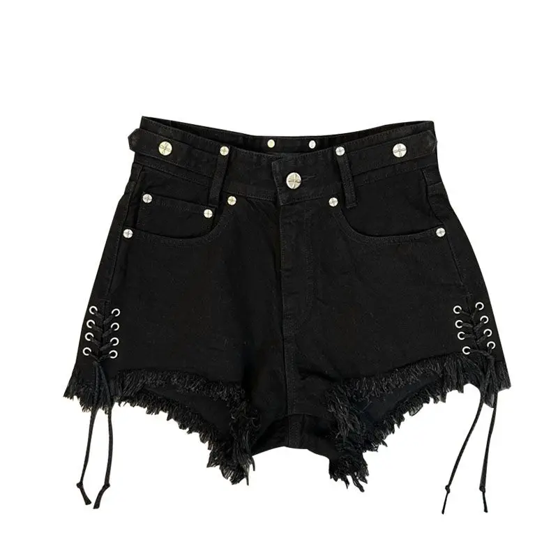 Bandage Shorts Womens Jeans Shorts Side Drawstring Black  Casual Summer Plus Size Shorts Female High Waisted Denim Shorts Pants