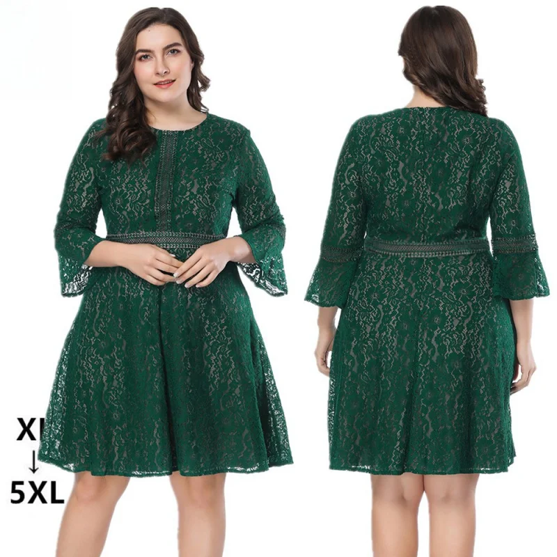 

2024 Summer New European and American plus Size Women's Clothes Lace Hollow Short Dress