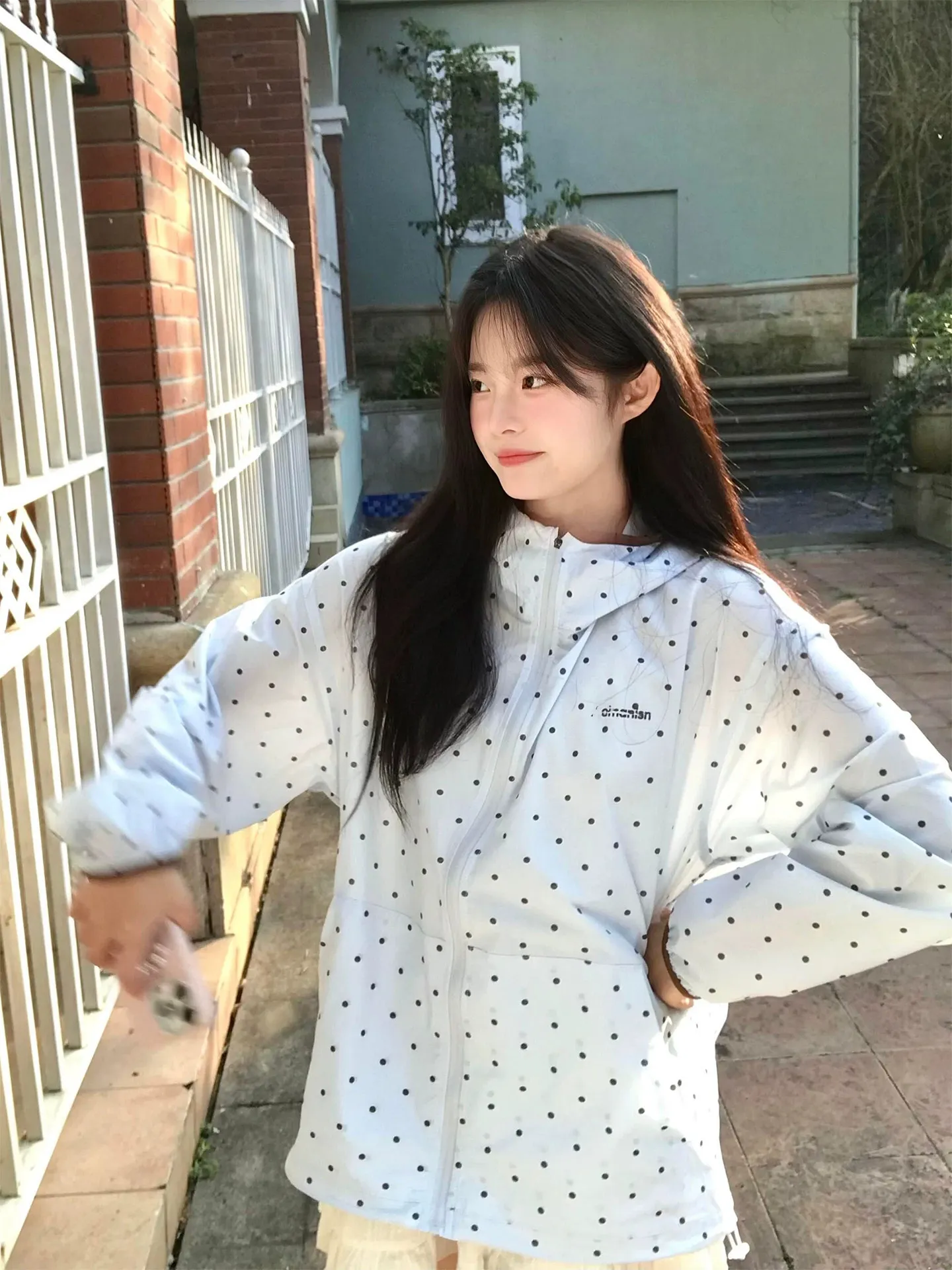 Summer 2026 Women's Polka Dot Open Cardigan Loose Zipper Printed Casual Sun Protection Outerwear Long Sleeve Hooded Straight Hem