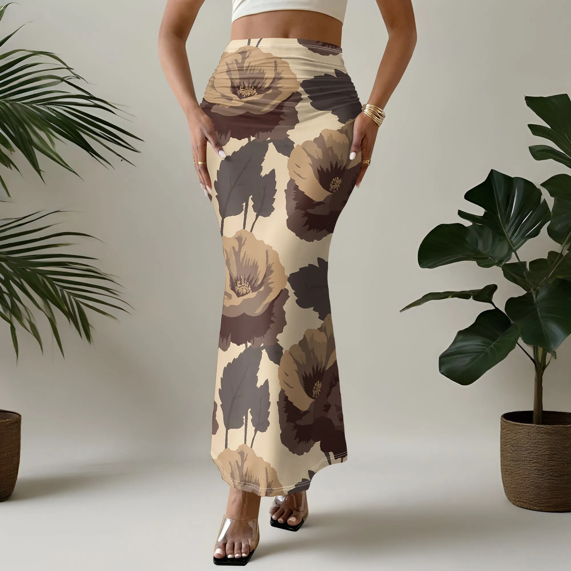 Floral Mermaid Skirt, Vintage Print Midi Skirt, Boho High Waist Skirt, Elegant Summer Beach Skirt for Women, S-3XL
